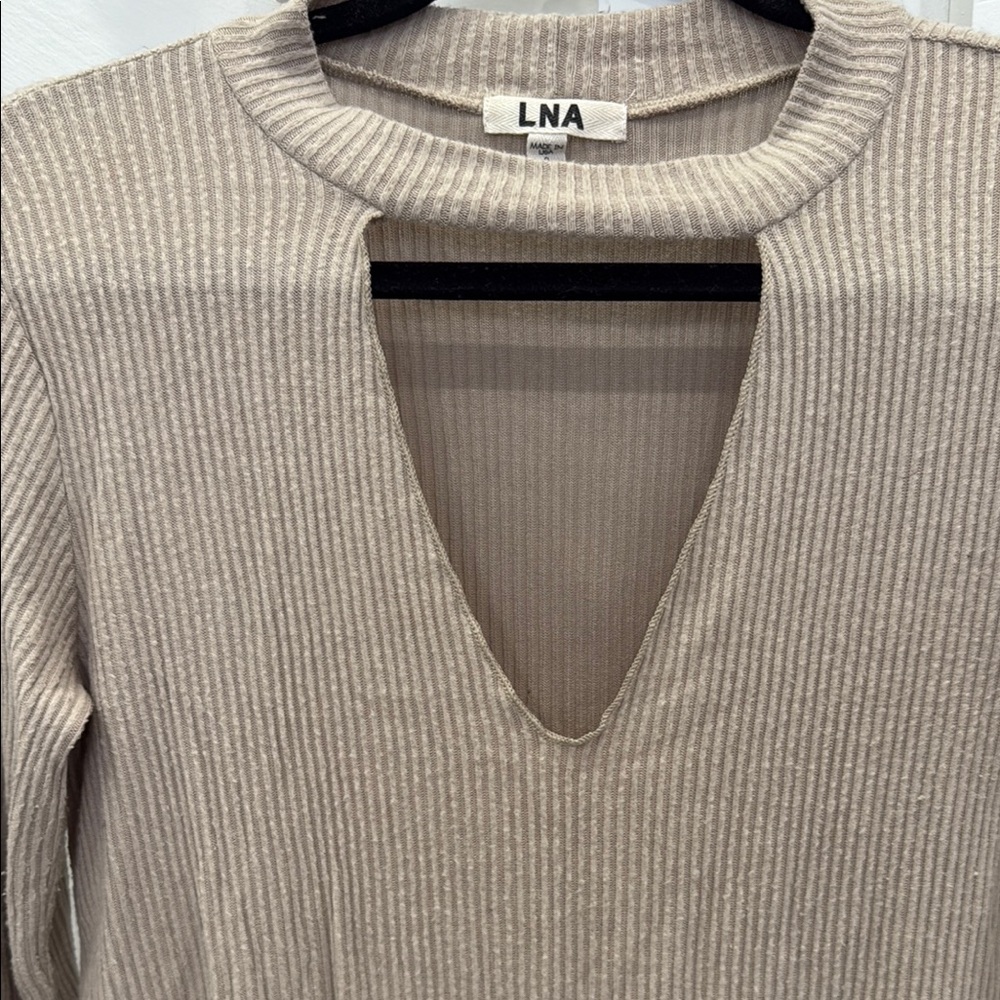 LNA Revolve Bardot Long Sleeve Tee with Keyhole Choker Neck in Oat - Picture 6 of 8